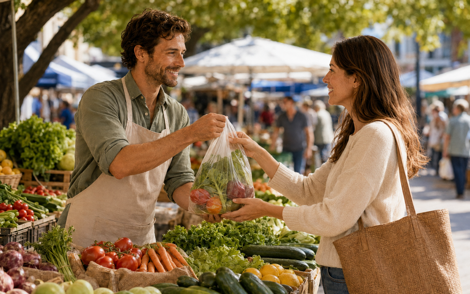 Food market stall — English speaking practice scene