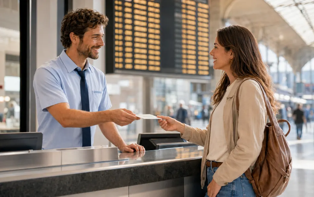 Buying a train ticket — English speaking practice scene