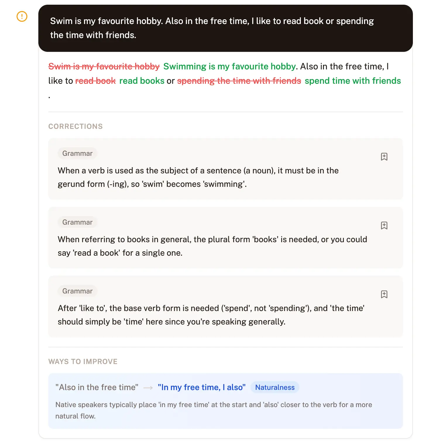 English grammar feedback and corrections on WeSpeak